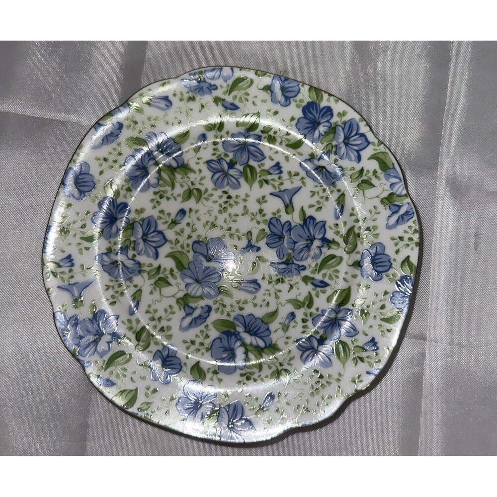 Two’s Company Blue Flowers Green Leaves 6" Decorative Gold Trim Plate